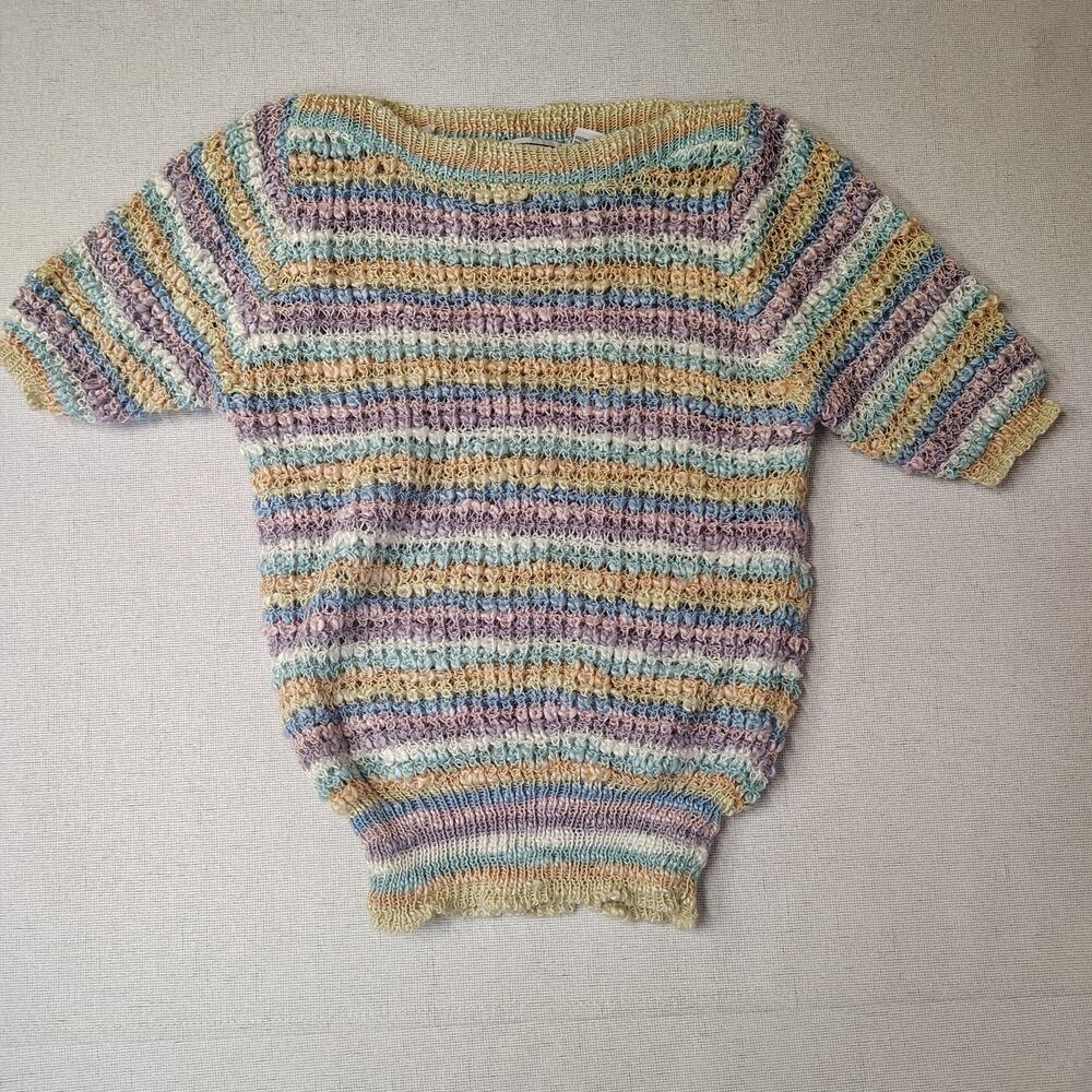 Vintage Le Moda Sweater M Pastel Rainbow Textured Knit Short Sleeve 80s 90s